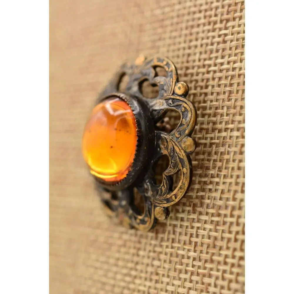 Vintage Cabochon Clip Earrings Round Orange Jelly Antiqued Brass Tone 80s BinAT